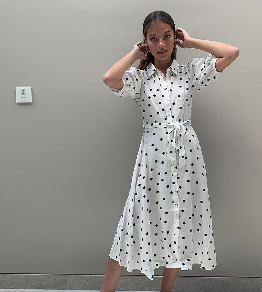 New Look Petite puff sleeve midi shirt dress in white polka dot-Multi
