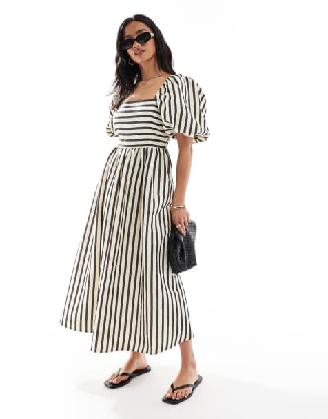 New Look Petite puff sleeve milkmaid midi dress in cream stripe - view 1