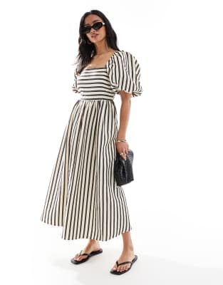 [New Look Petite] New Look Petite puff sleeve milkmaid midi dress in cream stripe-White 10 Cream pattern