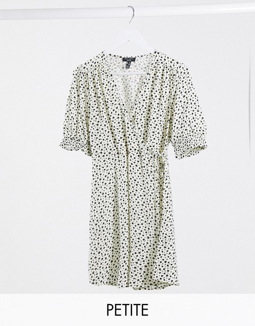 New Look Petite puff sleeve mini wrap dress in white floral