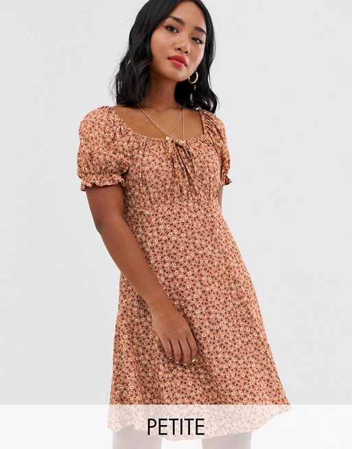 New Look Petite puff sleeve tea dress in pink ditsy floral