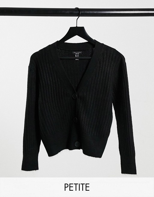 New Look Petite ribbed button through cardigan in black