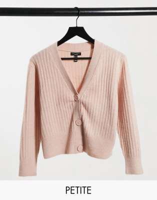 New Look Petite ribbed button through cardigan in black-Pink