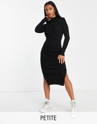 New Look Petite ribbed midi dress with side slit in black