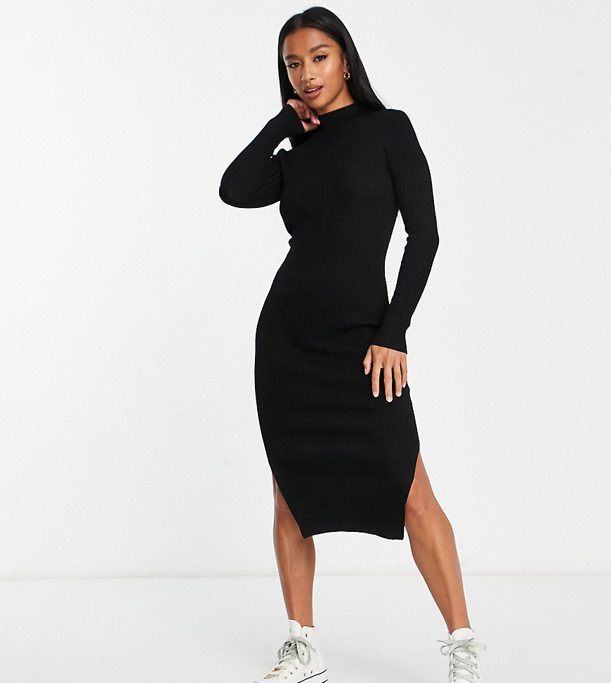 New Look Petite ribbed midi dress with side slit in black
