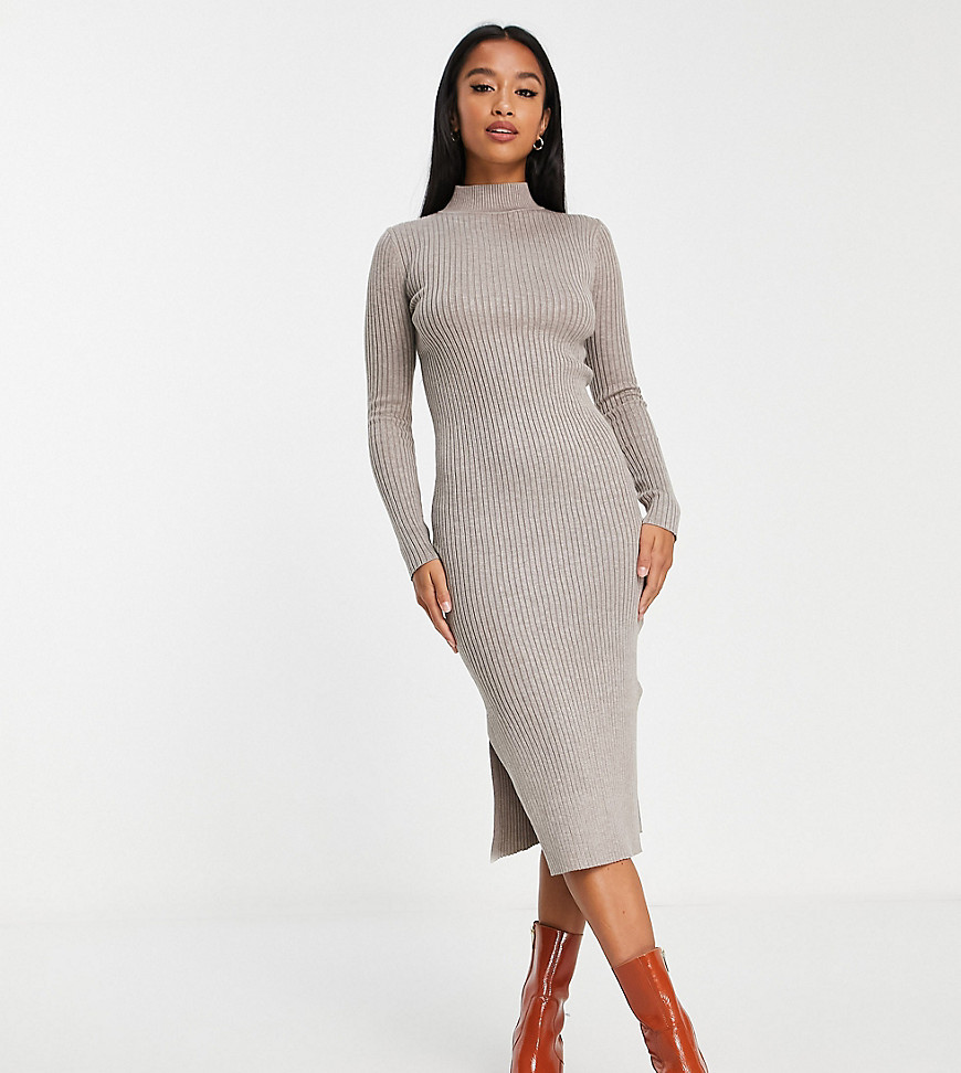 New Look Petite ribbed midi dress with side slit in mink-Pink