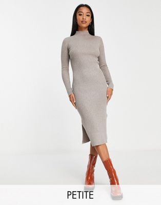 New Look Petite ribbed midi dress with side split in mink