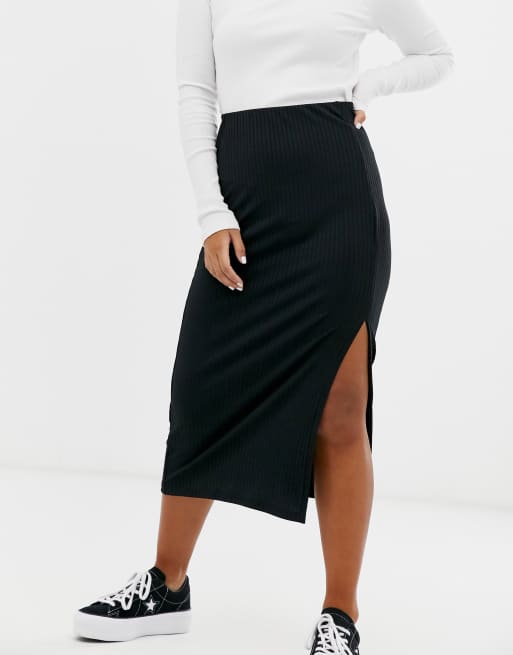 Petite black clearance ribbed midi skirt