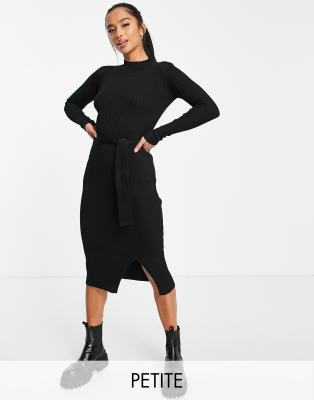 New Look Petite ribbed tie waist midi dress in black