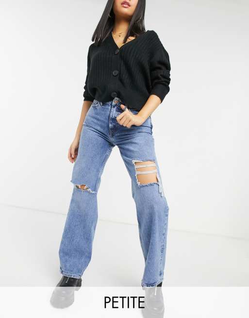 New Look Petite ripped baggy jeans in blue | ASOS