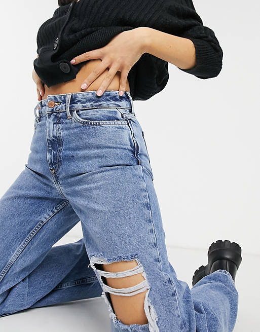 Women New Look Petite ripped baggy jeans in blue 