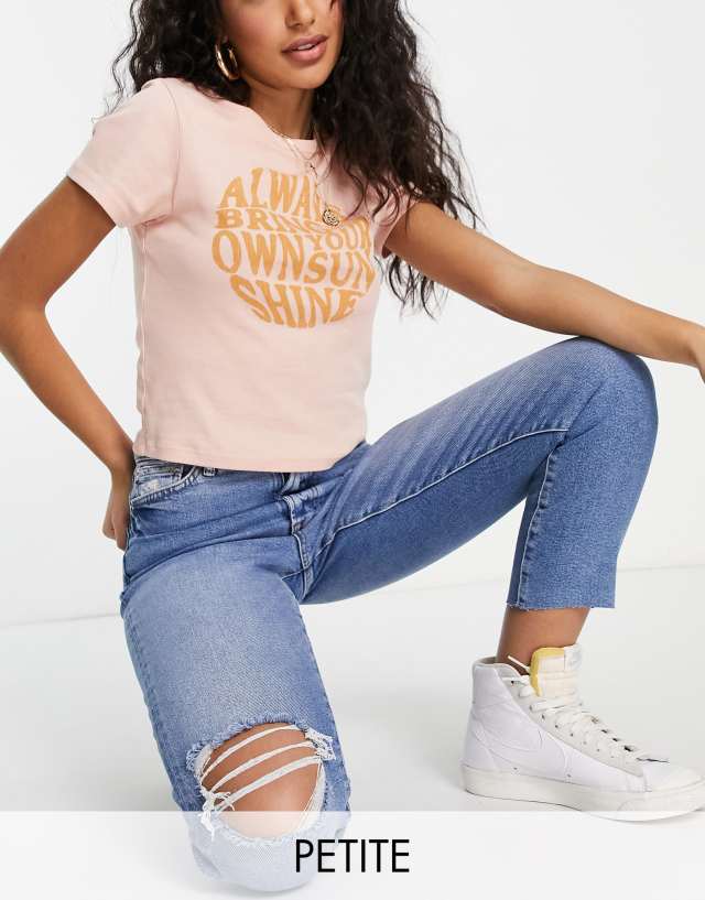 New Look Petite ripped mom jeans in mid blue