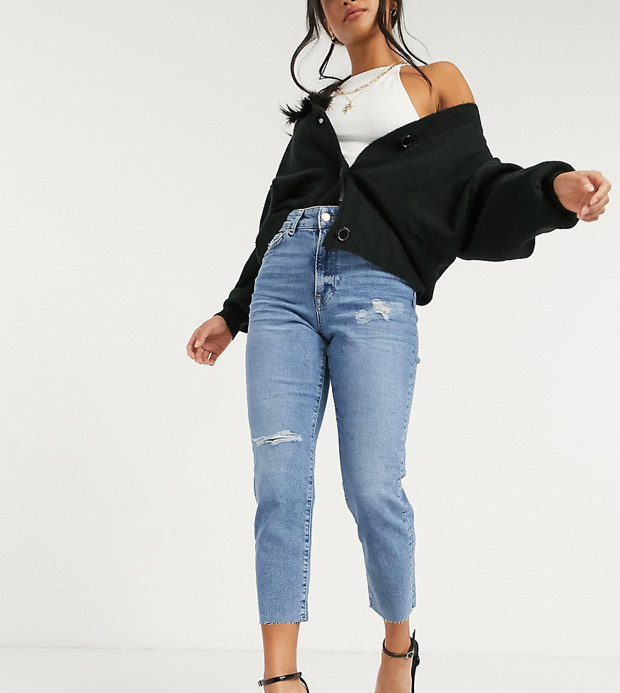New Look Petite ripped mom jeans in mid blue-Blues