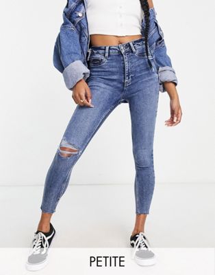 New Look Petite Ripped Skinny Jean In Mid Blue