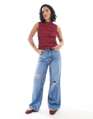 New Look Petite New Look Petite ripped wide leg jean in mid blue