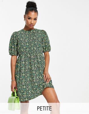 New Look Petite tie sleeve mini smock dress in green floral - ASOS Price Checker