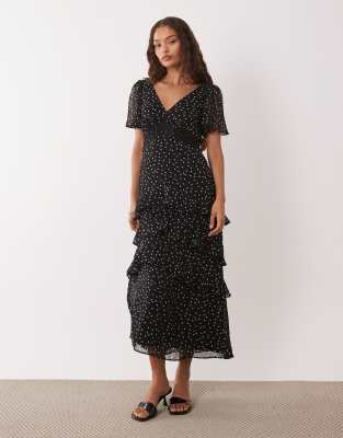 Robe longue en mousseline à volants étagés et pois - Noir 36