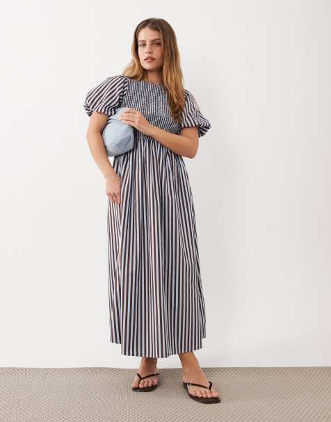 New Look Petite - Robe mi-longue à fronces et rayures - Bleu - view 1