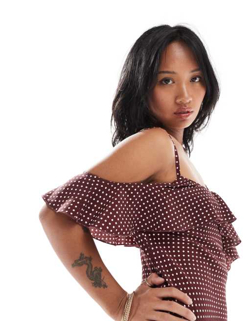 New Look Petite - Robe mi-longue à pois et volants - Marron, 4 de 4