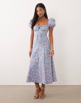 Robe mi-longue tendance folk à imprimé fleuri - Bleu 38