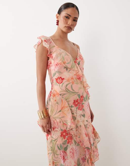 New Look Petite – Rosa, blommig midiklänning i chiffong med asymmetrisk design, 3 av 4