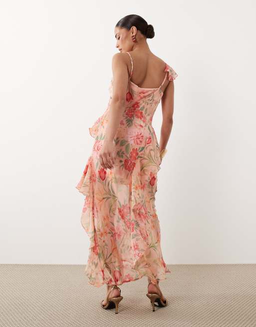 New Look Petite – Rosa, blommig midiklänning i chiffong med asymmetrisk design, 4 av 4