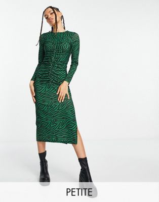 New Look Petite ruched front long sleeve midi dress in green pattern