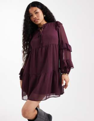 New Look Petite New Look Petite ruffle chiffon long sleeve mini dress in burgundy-Red