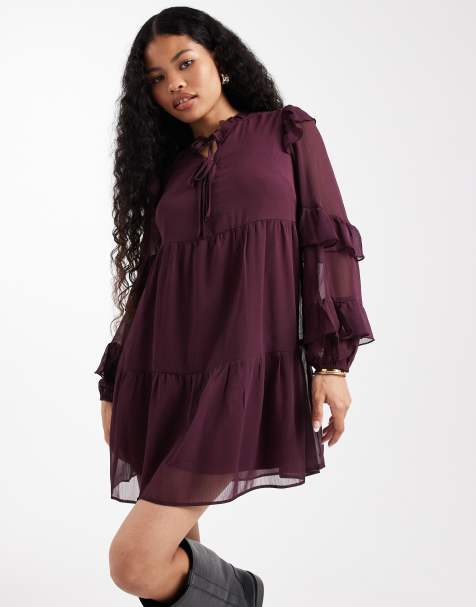 New Look Petite ruffle chiffon long sleeve mini dress in burgundy - view 1