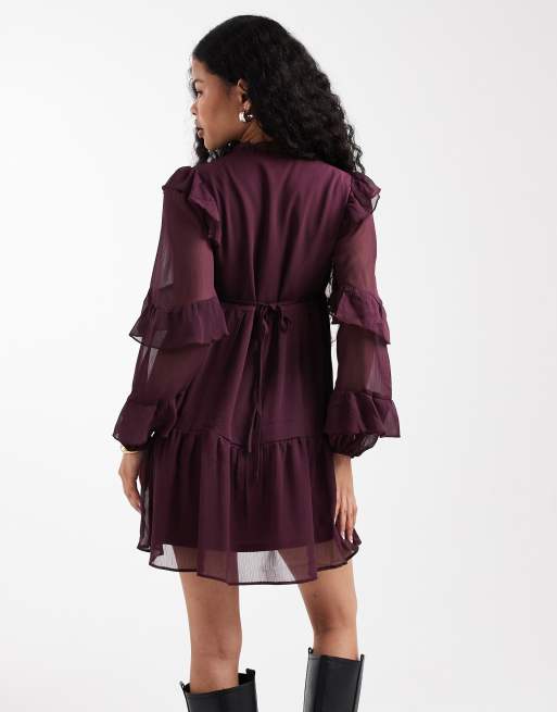 New Look Petite ruffle chiffon long sleeve mini dress in burgundy