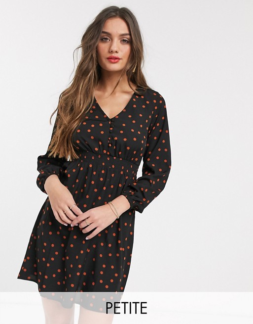 New Look Petite rust polka dot button front dress in black
