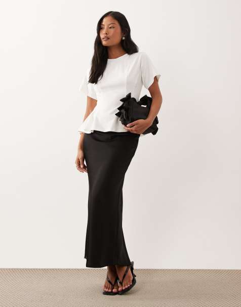 New Look Petite satin bias midi skirt in black