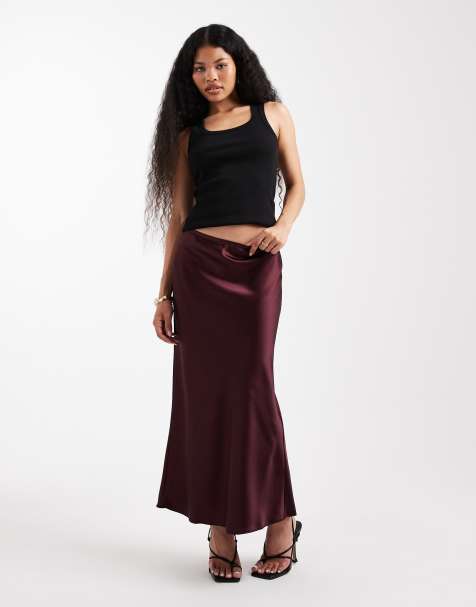 New Look Petite satin bias midi skirt in burgundy