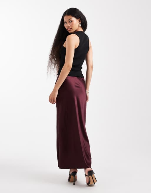 New Look Petite satin bias midi skirt in burgundy ASOS