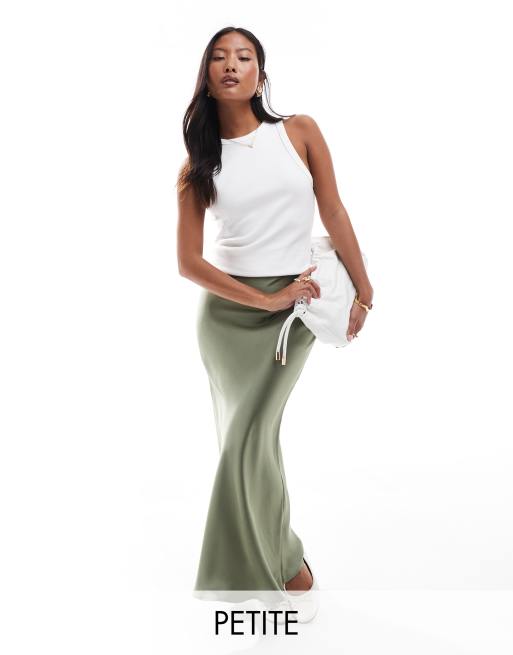 New Look Petite satin bias midi skirt in green ASOS