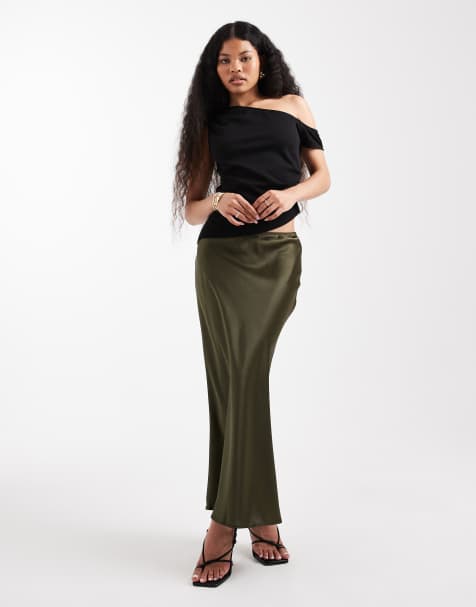 New Look Petite satin bias midi skirt in khaki - view 1