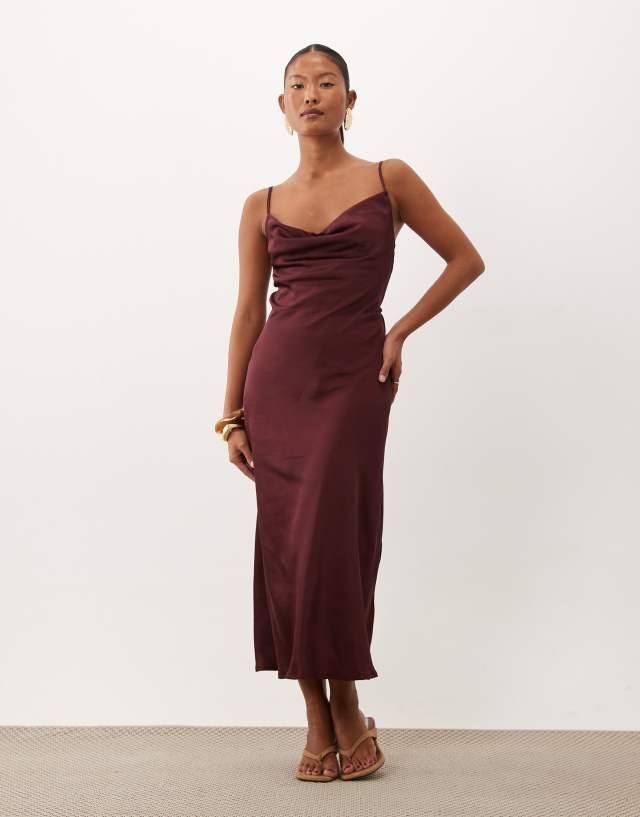 New Look Petite satin cowl neck midi dress in burgundy