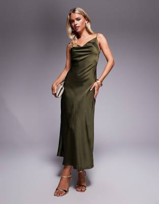 New Look Petite New Look Petite satin cowl neck midi dress in khaki-Green