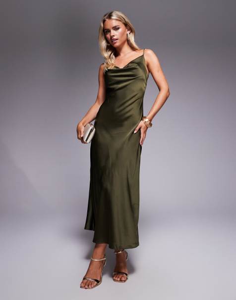 New Look Petite satin cowl neck midi dress in khaki - view 1