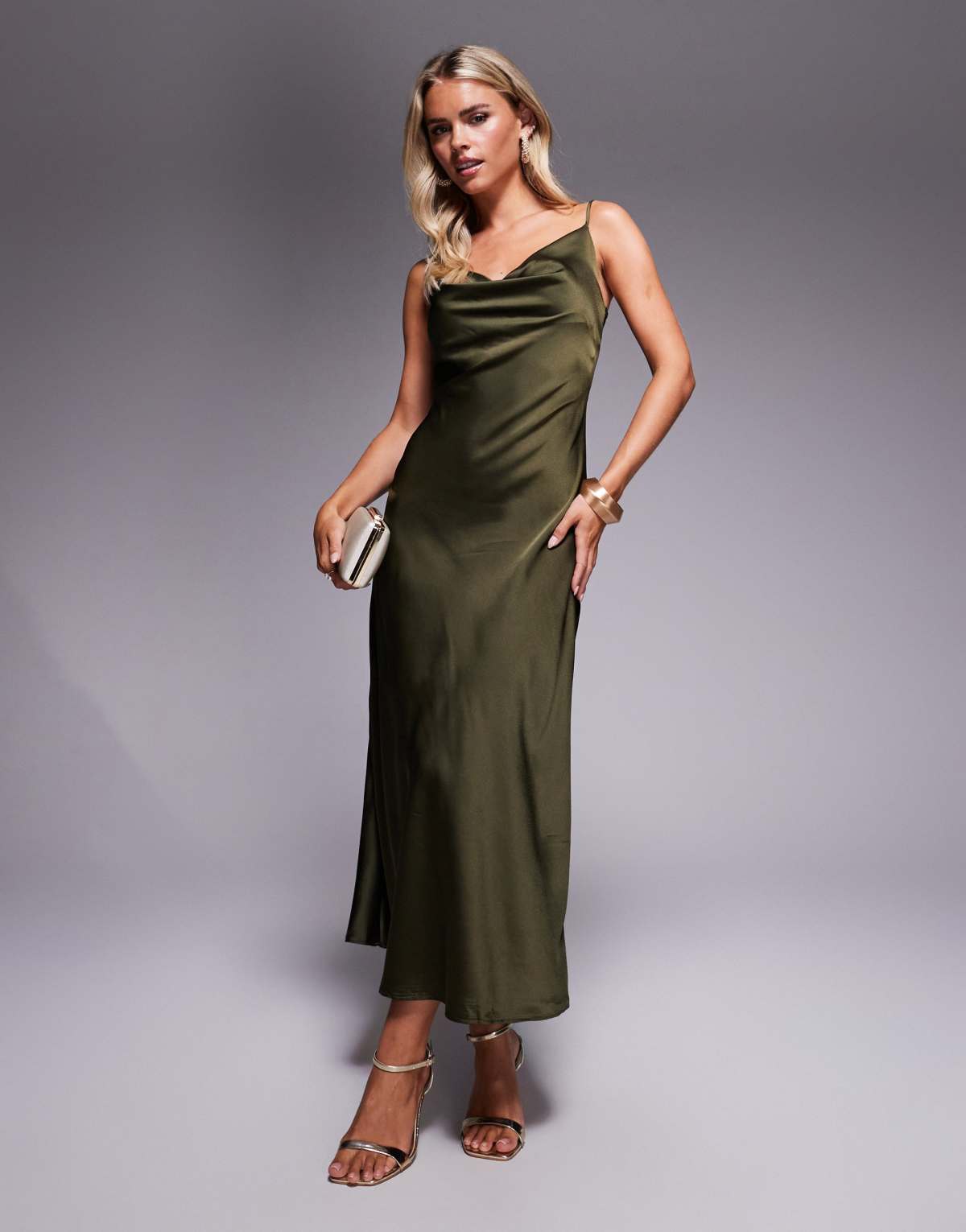New Look Petite satin cowl neck midi dress in khaki