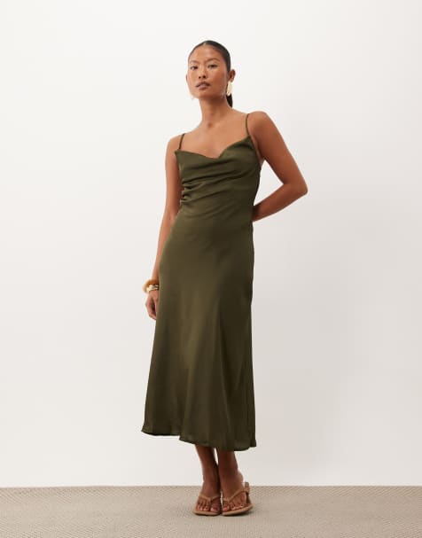 New Look Petite satin cowl neck midi dress in khaki - view 1