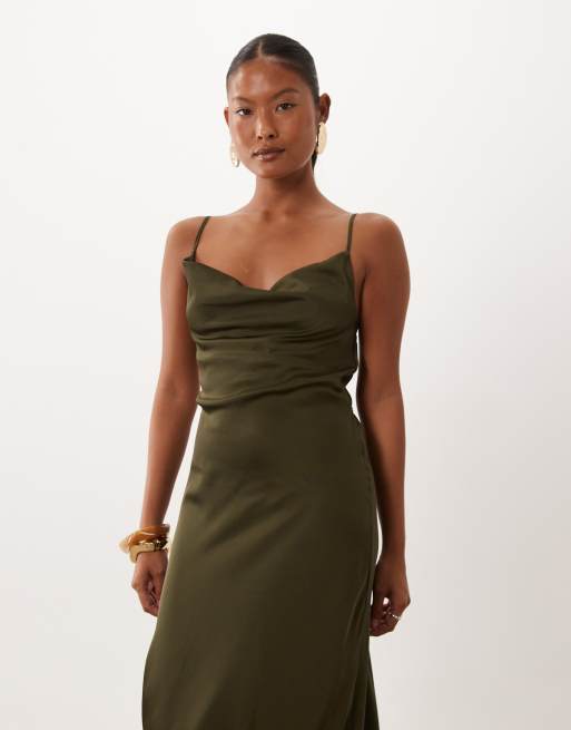 New Look Petite satin cowl neck midi dress in khaki, 3 of 4
