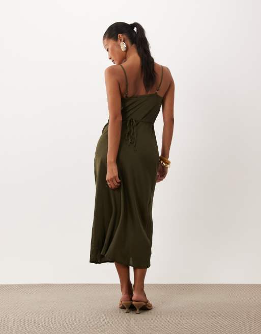 New Look Petite satin cowl neck midi dress in khaki, 4 of 4