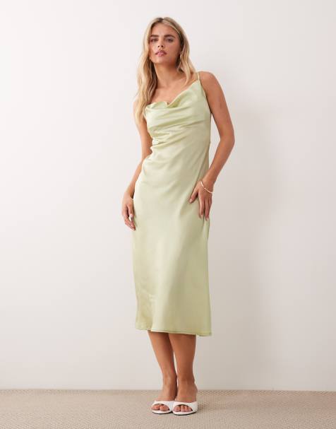 New Look Petite satin cowl neck midi dress in sage green