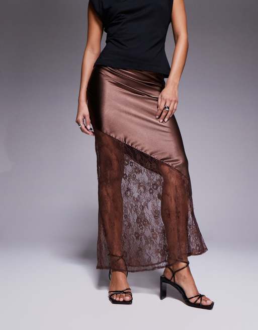 New Look Petite satin lace asymmetric midi skirt in brown, 2 of 5