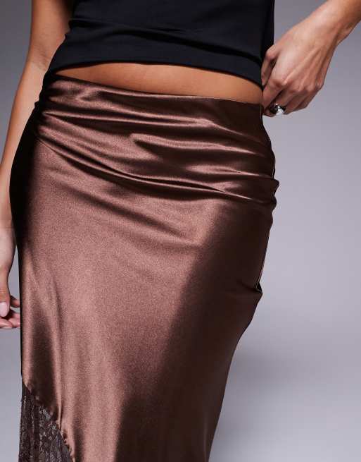 New Look Petite satin lace asymmetric midi skirt in brown, 3 of 5