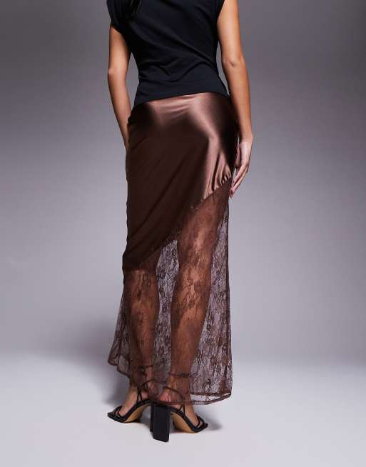 New Look Petite satin lace asymmetric midi skirt in brown | ASOS