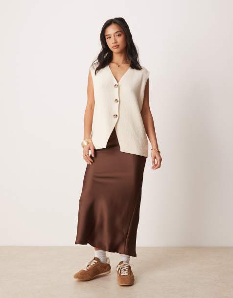 New Look Petite satin midi bias skirt in brown - view 1
