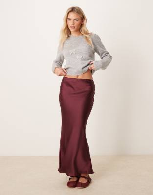 New Look Petite New Look Petite satin midi bias skirt in burgundy-Red