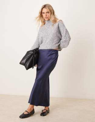 New Look Petite New Look Petite satin midi bias skirt in navy